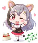  1girl :3 ;d animal_ears birthday_cake black_footwear black_hair blush bow bowtie bracelet braid cake chibi extra_ears eyebrows_visible_through_hair food full_body grey_hair hamster_ears happy_birthday heart highres indie_virtual_youtuber jewelry kirara_mimi leg_up long_hair looking_at_viewer multicolored_hair one_eye_closed open_mouth red_neckwear red_skirt ririumu shirt short_sleeves simple_background skirt smile solo standing standing_on_one_leg streaked_hair thighhighs virtual_youtuber white_background white_legwear white_shirt 