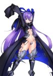  1girl absurdres armored_boots arms_up black_coat blue_eyes boots breasts coat crotch_plate fate/grand_order fate_(series) groin highres long_hair meltryllis navel open_clothes open_coat purple_hair simple_background sleeves_past_wrists small_breasts smile solo thigh_boots thighhighs tor_ai underboob very_long_hair white_background 