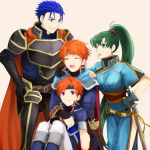  1girl 3boys armor belt black_gloves blue_dress blue_eyes blue_footwear blue_hair boots breastplate brown_belt clenched_teeth closed_eyes dress eliwood_(fire_emblem) fingerless_gloves fire_emblem fire_emblem:_the_binding_blade fire_emblem:_the_blazing_blade floating_hair gauntlets gloves green_eyes green_hair hair_ornament hand_on_another&#039;s_shoulder hector_(fire_emblem) high_ponytail hug hug_from_behind knee_boots long_hair multiple_boys orange_hair pants roy_(fire_emblem) sheath sheathed shoochiku_bai short_hair short_sleeves shoulder_armor side_slit simple_background spaulders standing sweatdrop sword teeth very_long_hair weapon white_background white_pants 