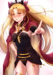  1girl absurdres asymmetrical_sleeves black_leotard black_sleeves blonde_hair bow breasts cape cleavage collarbone cowboy_shot detached_sleeves diadem earrings ereshkigal_(fate/grand_order) fate/grand_order fate_(series) floating_hair hair_bow hair_intakes hand_on_hip highres ichi_yoshida index_finger_raised jewelry leotard long_hair long_sleeves looking_at_viewer medium_breasts open_mouth orange_eyes red_bow red_cape shiny shiny_hair sideboob single_sleeve solo standing strapless strapless_leotard sweatdrop twintails very_long_hair white_background 