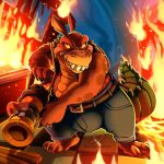  1:1 2020 3_toes 4_fingers activision angry anthro barefoot belt big_tail black_eyes bottomwear brown_body brown_ears brown_fur canid canine canis claws clothed clothing crash_bandicoot_(series) crocodile crocodilian crocodylid detailed detailed_background diner dingo dingodile fingers fire flamethrower fur green_tail hi_res hybrid looking_at_viewer male mammal multicolored_body multicolored_fur notched_ear pants pupils ranged_weapon reptile ruins scalie sharp_claws sharp_teeth solo standing tan_body tan_nose tan_skin taylortrap622 teeth thick_tail thick_thighs toe_claws toes topwear two_tone_body two_tone_fur vest video_games weapon wide_hips yellow_sclera 