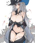  1girl ? arknights blush breasts crotchless crotchless_pants detached_collar eyebrows_visible_through_hair grey_hair hair_between_eyes hat huge_breasts long_hair midriff mikojin navel red_eyes skadi_(arknights) solo symbol_commentary torn_clothes torn_legwear wristband 