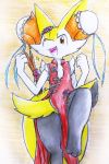  accessory ambiguous_gender big_ears biped braixen chest_tuft clothing cute_expression digitigrade eiroru fluffy fluffy_tail front_view fur hair_accessory hair_bow hair_ribbon hi_res hip_tuft inner_ear_fluff long_tail looking_at_viewer multicolored_body multicolored_fur multicolored_tail nintendo open_mouth open_smile pink_tongue pok&eacute;mon pok&eacute;mon_(species) portrait raised_leg red_eyes ribbons shoulder_tuft simple_background smile solo stick suit tongue traditional_media_(artwork) tuft video_games white_body white_fur 