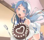  1girl bangs bare_shoulders blue_eyes blue_hair blue_legwear cake chocolate dish elbow_gloves eyebrows_visible_through_hair falling food fork gloves heart highres kantai_collection knife long_hair looking_at_viewer open_mouth samidare_(kantai_collection) shirt skirt solo thighhighs tonkatsu_daisuki tripping valentine white_shirt white_skirt 