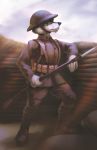 2018 anthro bayonet black_nose blue_eyes canid canine canis clothing cloud cloudscape detailed_background fur grass grey_body grey_fur gun hi_res knife male mammal military military_boots military_clothing military_helmet military_pants military_uniform outside pimpartist ranged_weapon rifle sandbags sky solo traditional_media_(artwork) trench uniform weapon wolf world_war_1 