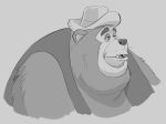  2020 anthro clothed clothing dewlap_(anatomy) double_chin fur greyscale hat headgear headwear hi_res male mammal monochrome overweight overweight_anthro overweight_male simple_background solo the_country_bears thebluebear27 ursid 