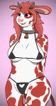  &lt;3 absurd_res anthro bell bell_collar big_breasts bikini bovid bovine breasts cattle clothing collar erimad female hands_behind_back happy hi_res mammal pepper_(erimad) simple_background solo string_bikini swimwear thick_thighs 