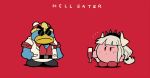  belt closed_mouth cup drinking_glass fusion hairband halftone helltaker helltaker_(character) highres holding holding_cup horns jacket king_dedede kirby kirby_(series) lucifer_(helltaker) mole mole_under_eye notice_lines pants parody raised_eyebrow rariatto_(ganguri) red_background red_eyes red_footwear red_shirt shirt shoes simple_background sunglasses title_parody white_hair white_jacket white_pants wine_glass 