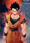  3boys arms_at_sides aura black_eyes black_hair bracer cape closed_mouth dougi dragon_ball dragon_ball_z from_behind looking_at_viewer male_focus mattari_illust multiple_boys muscle piccolo pointy_ears sash smile solo_focus son_gohan son_gokuu spiked_hair standing turban white_cape 