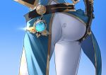  1girl ass ass_grab belt black_gloves blue_background coattails ett from_behind gauntlets genshin_impact gloves gradient gradient_background jean_gunnhildr multicolored_capelet pants pantylines revision tight tight_pants vision_(genshin_impact) white_pants 