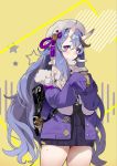  1girl backpack bag beret blush coat coffee_cup commentary cowboy_shot cup disposable_cup eyebrows_visible_through_hair eyelashes hair_between_eyes hat heart holding holding_cup horns long_hair long_sleeves looking_at_viewer mole mole_on_thigh mole_under_mouth nijisanji oni_horns open_clothes open_coat purple_coat purple_eyes purple_hair purple_sweater rindou_mikoto rope scarf seinen simple_background sleeves_past_fingers sleeves_past_wrists solo star_(symbol) star_print sweater thick_eyebrows thighs very_long_hair virtual_youtuber wavy_hair white_headwear white_scarf winter_clothes winter_coat yellow_background 