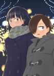  1boy 1girl :o absurdres arms_at_sides bangs black_coat black_hair blue_eyes boku_no_kokoro_no_yabai_yatsu brown_eyes brown_hair coat grey_coat hair_over_one_eye highres ichikawa_kyoutarou night outdoors plaid plaid_scarf scarf sweatdrop yamada_anna zumisan3 