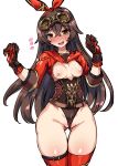  1girl :d absurdres amber_(genshin_impact) ass_visible_through_thighs blush breasts brown_eyes brown_hair commentary_request gen_5_pokemon genshin_impact gloves goggles goggles_on_head hair_between_eyes harigane_shinshi highres leotard long_hair nipples open_mouth red_legwear sewaddle simple_background smile solo thighhighs white_background 