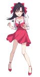  1girl bangs black_hair bow brown_eyes choker collarbone cosplay dress enomoto_takane fang floating_hair full_body gegege_no_kitarou hair_between_eyes hair_bow hair_down highres kagerou_project long_hair long_sleeves looking_at_viewer nekomusume nekomusume_(gegege_no_kitarou_6) nekomusume_(gegege_no_kitarou_6)_(cosplay) open_mouth ouri_(aya_pine) pinafore_dress pumps red_bow red_choker red_dress red_footwear shirt short_dress simple_background sleeveless sleeveless_dress solo spaghetti_strap standing white_background white_shirt 