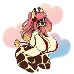 anthro big_breasts big_butt blonde_hair blue_eyes blush breasts butt collar curvy_figure female giraffe giraffid hair hi_res horn huge_breasts long_hair looking_at_viewer mammal mostly_nude multicolored_hair ossicone pink_hair simple_background solo spots spotted_body tehbuttercookie thick_thighs 