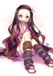  1girl bamboo bit_gag black_hair black_haori ech forehead gag gradient_hair highres japanese_clothes kamado_nezuko kimetsu_no_yaiba kimono long_hair looking_at_viewer multicolored_hair obi pink_eyes pink_kimono sash sitting solo two-tone_hair 