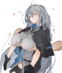  1girl arknights ascot bangs belt black_headwear black_neckwear black_shirt black_sleeves breasts disembodied_limb eyebrows_visible_through_hair grey_jacket groping hair_between_eyes jacket large_breasts long_hair mikojin no_bra no_hat no_headwear red_eyes shirt silver_hair simple_background sitting skadi_(arknights) sleep_molestation sleeping sleeveless sleeveless_shirt symbol_commentary upper_body very_long_hair white_background 