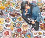  black_hair cake chocolate cropped drink food fruit long_hair minami_(minami373916) original 