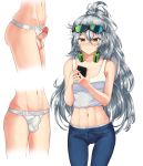  1girl abs aek-999_(girls_frontline) bare_shoulders breasts cellphone eyewear_on_head futanari girls_frontline glasses grey_hair headphones highres lewdsuguri long_hair muscle navel pants penis phone ponytail smartphone sunglasses underwear yellow_eyes 