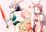  3girls :d animal_ears arm_up black_hair black_leotard blue_eyes breasts bunny_ears cleavage closed_eyes covered_navel detached_sleeves fae_(fire_emblem) fake_animal_ears fir_(fire_emblem) fire_emblem fire_emblem:_the_binding_blade fire_emblem_heroes floating_hair gloves green_eyes heterochromia holding idunn_(fire_emblem) leotard long_hair long_sleeves multiple_girls open_mouth pink_hair pink_skirt playboy_bunny pointy_ears purple_sleeves red_eyes red_leotard shoochiku_bai short_hair silver_hair skirt small_breasts smile very_long_hair white_gloves 