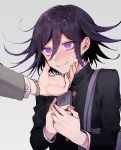  1boy 1other ahoge bangs black_hair black_jacket blush closed_mouth danganronpa gradient gradient_background grey_background hair_between_eyes hand_on_another&#039;s_chin hand_on_another&#039;s_face hands_up highres holding holding_phone jacket jewelry long_sleeves looking_at_viewer male_focus messy_hair nanin new_danganronpa_v3 ouma_kokichi out_of_frame phone purple_eyes purple_hair shirt short_hair simple_background smile solo_focus sweat upper_body watch wristwatch 