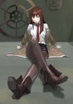  1girl belt black_legwear blue_eyes boots brown_hair dress_shirt highres jacket legwear_under_shorts long_hair looking_at_viewer makise_kurisu mokottsu necktie pantyhose red_neckwear shirt shorts solo steins;gate 