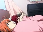  2girls 500_dollar_four_foot_tall_mareep ahoge bed bedroom character_doll curtains day dog highres hug indoors instrument kougi_hiroshi long_hair love_live! love_live!_sunshine!! meme multiple_girls nesoberi orange_hair piano red_eyes red_hair sakurauchi_riko short_hair sunlight takami_chika unamused under_covers yuri 