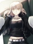  1girl animal artoria_pendragon_(all) belt belt_buckle black_jacket black_shirt blonde_hair breasts buckle cavall_the_2nd closed_mouth collarbone commentary_request couch dog eyebrows_visible_through_hair fate/grand_order fate_(series) hair_between_eyes highres hood hood_down hooded_jacket jacket jet_black_king_of_knights_ver._shinjuku_1999 jewelry looking_at_viewer low_ponytail lying migiha navel necklace ponytail saber_alter shirt short_hair shorts sleeveless sleeveless_shirt white_belt white_dog yellow_eyes 