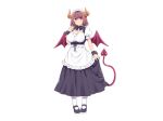  amane_hasuhito apron bow breasts brown_hair cleavage demon dress headdress horns maid original red_eyes short_hair skirt_lift tail white wings wristwear 