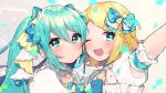  2girls aqua_eyes aqua_hair arm_up bangs blonde_hair blue_bow blue_eyes blush bow bowtie commentary confetti dress forehead-to-forehead frilled_dress frills hair_bow hair_ornament hairclip hatsune_miku highres kagamine_rin long_hair looking_at_viewer multiple_girls one_eye_closed open_mouth outstretched_arm portrait project_sekai sasakura_(npdk7484) short_hair smile swept_bangs twintails vocaloid white_dress 