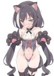  1girl adapted_costume animal_ears bare_shoulders black_hair blade_(galaxist) blush cat_ears gloves karyl_(princess_connect!) leg_garter long_hair looking_at_viewer low_twintails multicolored_hair navel open_mouth paw_gloves paws princess_connect! princess_connect!_re:dive simple_background solo streaked_hair tears twintails very_long_hair wavy_mouth white_background 