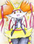  2020 ambiguous_gender big_ears braixen chest_tuft cute_expression eiroru emanata fluffy fluffy_tail front_view fur hi_res hip_tuft inner_ear_fluff kneeling long_tail looking_at_viewer multicolored_body multicolored_fur multicolored_tail nintendo open_mouth open_smile pink_tongue pok&eacute;mon pok&eacute;mon_(species) portrait red_eyes ribbons shoulder_tuft simple_background smile solo thigh_gap tongue traditional_media_(artwork) tuft video_games white_body white_fur 