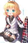  1girl aqua_eyes bangs black_legwear black_ribbon black_shirt blonde_hair blunt_bangs blush commentary double-breasted gochuumon_wa_usagi_desu_ka? hair_ribbon kirima_sharo long_sleeves looking_at_viewer medium_hair mozukun43 necktie open_mouth plaid plaid_neckwear plaid_skirt ribbon school_uniform shirt simple_background sitting skirt solo tedeza_rize&#039;s_school_uniform thighhighs translation_request twitter_username white_background yokozuwari zettai_ryouiki 