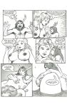  big_breasts breast_suck breasts cape caveman clothing comic deity duo english_text female human humanoid jewelry karno kissing_cheek larger_female macro male male/female mammal necklace not_furry nude rubbing_pussy size_difference smaller_male sucking text 