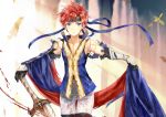  1boy black_gloves blue_eyes collarbone fire_emblem fire_emblem:_the_binding_blade gloves hair_ribbon hand_on_hilt headband looking_at_viewer male_focus pants red_hair red_ribbon ribbon roy_(fire_emblem) shiny shiny_hair shoochiku_bai short_hair solo sword thigh_gap torn_clothes weapon white_pants 