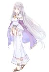  1girl bangs book cape closed_mouth clothing_cutout dress fire_emblem fire_emblem:_the_binding_blade floating_hair full_body holding long_dress long_hair purple_cape red_eyes shiny shiny_hair shoochiku_bai shoulder_cutout silver_hair simple_background solo sophia_(fire_emblem) standing very_long_hair white_background white_dress 