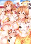  3girls arm_under_breasts bangs bare_shoulders blush breast_hold breasts brown_hair clothing_cutout collarbone commentary_request covered_nipples cowboy_shot embarrassed furrowed_eyebrows hair_between_eyes highres kunikida_hanamaru kuzu_kow large_breasts lifted_by_self long_hair looking_at_viewer love_live! love_live!_sunshine!! midriff multiple_girls multiple_views navel nipples no_bra one_breast_out pants paw_print puffy_nipples see-through shirt_lift shoulder_cutout solo_focus standing sweat sweatdrop sweatpants takami_chika tank_top tareme watanabe_you yellow_eyes yellow_pants 