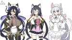  3girls :p animal_ear_fluff animal_ears areolae black_dress black_hair black_legwear blue_eyes braid breast_envy breasts cat_ears cat_girl cat_tail closed_eyes crossover cs_perrault dated dress earrings heterochromia highres huge_breasts jewelry karyl_(princess_connect!) large_breasts last_origin long_hair low_twintails maid_headdress multicolored_hair multiple_girls poi_(last_origin) princess_connect! princess_connect!_re:dive purple_eyes signature small_breasts streaked_hair tail tears thighhighs tongue tongue_out tungtunggugu twin_braids twintails very_long_hair white_dress yellow_eyes 