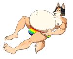  2020 5:4 absurd_res alpha_channel anthro belly big_belly black_hair blonde_highlights bulge canid canine canis clothing domestic_dog eyes_closed fur hair hi_res highlights_(coloring) hwang_dae-jung korean_jindo lgbt_pride lying male male_pregnancy mammal muscular muscular_anthro muscular_male navel nipples on_back outie_navel pecs pregnant riddleaugust solo speedo spitz swimwear tan_body tan_fur white_body white_fur 