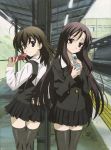  2girls absurdres ahoge black_eyes black_hair brown_eyes brown_hair cellphone highres katsura_kotonoha long_hair long_sleeves multiple_girls official_art phone saionji_sekai scan school_days school_uniform short_hair smile steel_beam thighhighs thighs train_station uniform zettai_ryouiki 