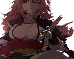  1girl baiken black_gloves breasts breasts_apart closed_mouth commentary dark eyepatch fingerless_gloves gloves guilty_gear highres holding katana kiseru large_breasts long_hair looking_at_viewer obi one_eye_covered pipe red_eyes red_hair sash scar scar_across_eye simple_background solo ssambatea sword weapon white_background 