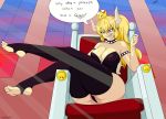  absurd_res animal_humanoid armlet big_breasts big_butt blonde_hair blue_eyes bowsette_meme breasts butt chair claws cleavage clothed clothing collar crown female furniture hair hi_res horn humanoid jeffthehusky koopa_humanoid legwear leotard lounging low-angle_view mario_bros meme nintendo scalie scalie_humanoid sitting smile solo speech_bubble stockings sunset super_crown text thick_thighs throne video_games 