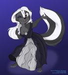  anthro black_body black_fur clothed clothing diana_rayablanca dress english_text eyeshadow female fluffy fluffy_tail fur gerry_aab hair hi_res long_tail makeup mammal mephitid ribbontini simple_background skunk solo text watermark white_body white_fur white_hair 