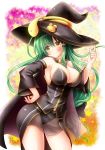  1girl alternate_costume bangs bare_shoulders breasts cape commentary_request cowboy_shot detached_sleeves eyebrows_visible_through_hair eyes_visible_through_hair green_hair hair_between_breasts hair_between_eyes hair_tubes hand_on_hip hand_up hat highres index_finger_raised kochiya_sanae large_breasts long_hair looking_at_viewer low-tied_long_hair osashin_(osada) skirt smile solo star_(symbol) touhou very_long_hair wide_sleeves witch_hat yellow_eyes 