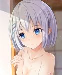  1girl bangs blue_eyes blurry blurry_background blush breasts cleavage collarbone completely_nude date_a_live eyebrows_visible_through_hair hair_between_eyes hair_ornament hairclip highres indoors nude open_mouth shiny shiny_hair short_hair silver_hair small_breasts solo tobiichi_origami tobiichi_origami_(pixiv31950946) 