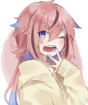  1other blue_eyes blue_hair commentary gradient_hair hair_flaps hand_to_own_mouth highres isobee long_hair looking_to_the_side meika_hime multicolored_hair one_eye_closed open_mouth pink_hair ribbed_sleeves solo thick_eyebrows upper_body vocaloid yawning yellow_hoodie 