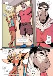  2020 aaron_(falcon_mccooper) anthro antlers belt blonde_hair blue_eyes bottomwear cargo_shorts cervid clothing comic dialogue english_text equid equine falcon_mccooper footwear girly green_eyes hair hat headgear headwear horn jesse_(falcon_mccooper) larger_male male male/male mammal manly shirt shoes shorts size_difference smaller_male smile text topwear zebra 