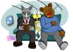  aircraft airplane anthro armchair beard book boots brown_body brown_fur bulk canid canine chair clothed clothing digimon digimon_(species) eyewear facial_hair footwear funny_face fur furniture glasses group humor male mammal moraduwaffle necktie nori(moraduwaffle) open_mouth pink_eyes renamon rhinocerotoid scared simple_background sleeping sound_effects suit sweater tired topwear trapped ursid window yellow_body yellow_fur zzz 
