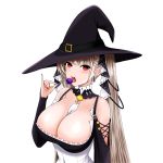  1girl azur_lane bare_shoulders black_dress breasts candy cleavage dress earrings eyebrows_visible_through_hair food formidable_(azur_lane) frilled_dress frills gothic_lolita grey_hair hair_ribbon halloween hat highres holding holding_candy holding_food holding_lollipop jewelry large_breasts lolita_fashion lollipop long_hair purple_headwear red_eyes ribbon simple_background solo twintails upper_body very_long_hair vik_(xypt7474) white_background witch_hat 
