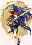  1boy 1girl armor bangs blue_eyes blue_gloves blue_hair fingerless_gloves fire_emblem fire_emblem:_the_binding_blade floating_hair gloves hair_between_eyes headband holding holding_sword holding_weapon lilina_(fire_emblem) long_hair looking_at_viewer magic open_mouth pants red_hair roy_(fire_emblem) shiny shiny_hair shoochiku_bai short_hair shoulder_armor spaulders sword very_long_hair weapon white_background 